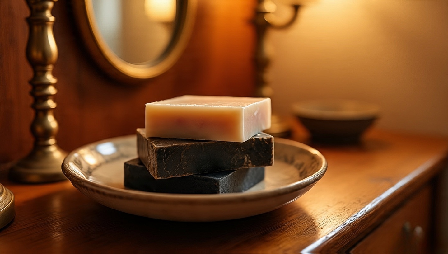 Stacked artisanal soaps in a shallow ceramic dish