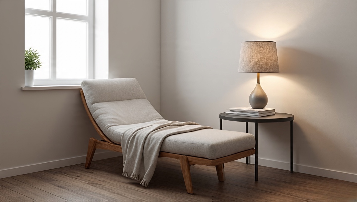 Small bedroom nook with a low chair, round side table, and linen-shade lamp for a quiet retreat