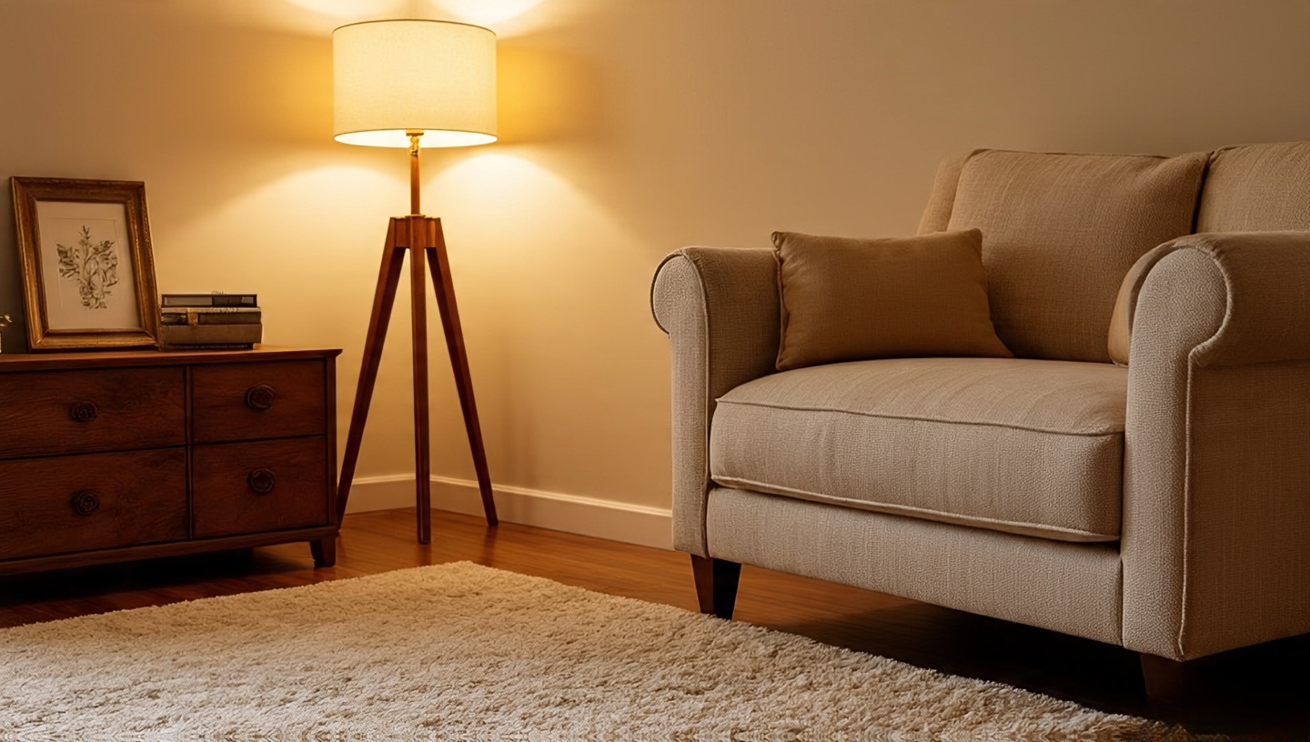 Budget-friendly boho focus on touchpoints: plush rug, one excellent lamp, durable sofa upholstery, thrifted accents