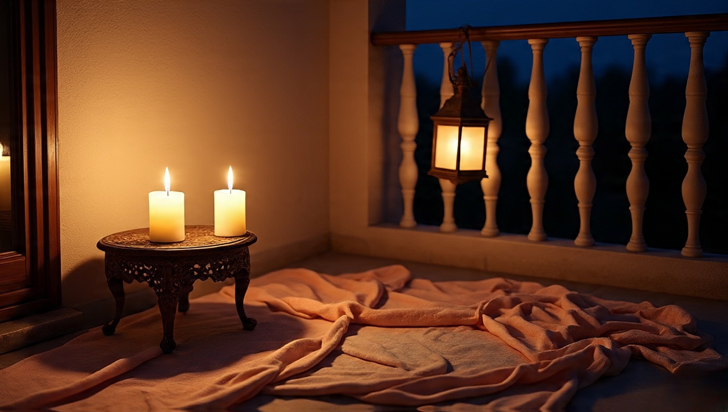 Night balcony scene with three candles on small table, soft textiles on floor and a rustic lantern