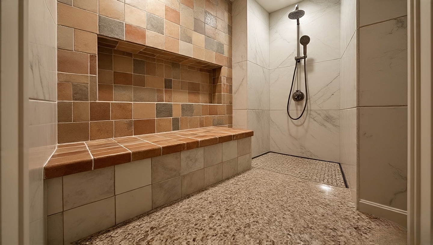 Walk-in shower with tiled bench and contrasting niche tiles