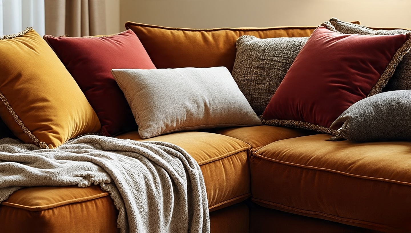 Deep overstuffed sofa about 100 cm seat depth layered with linen, velvet, and wool cushions and throws