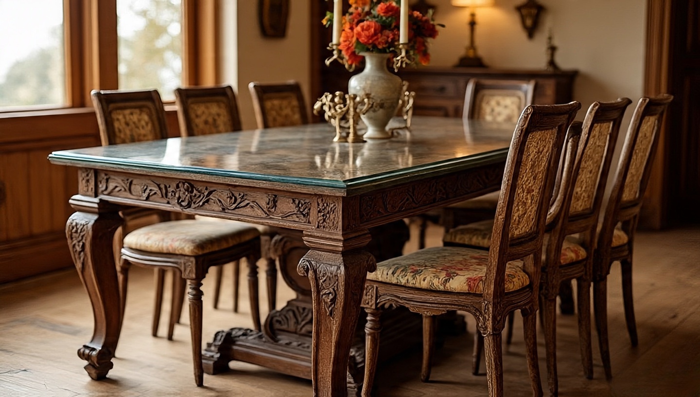 Unique dining table made from a reclaimed carved door with glass top