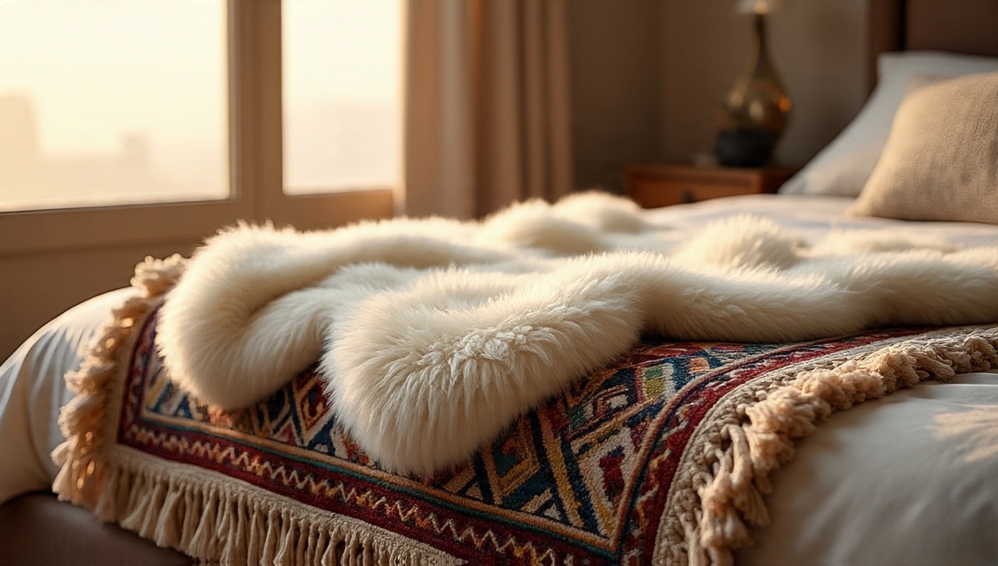 Bedside pairing of woven rug and soft sheepskin for tactile contrast underfoot