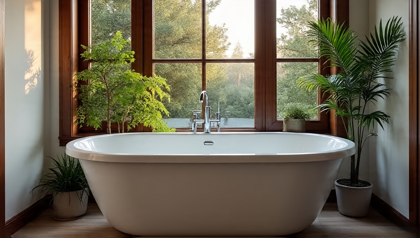 Freestanding tub facing large garden window with greenery