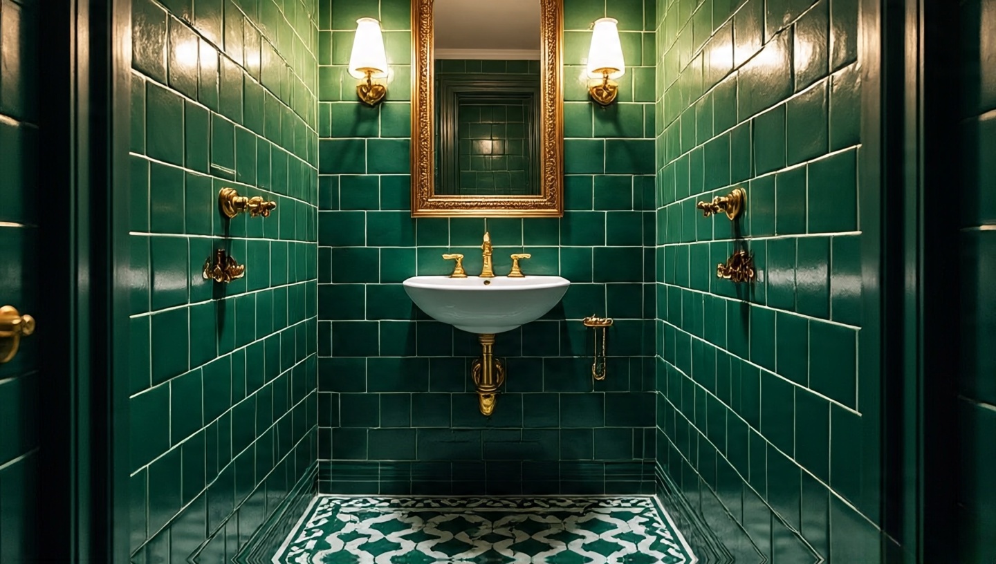 Small jewel-box powder room fully tiled in emerald zellige