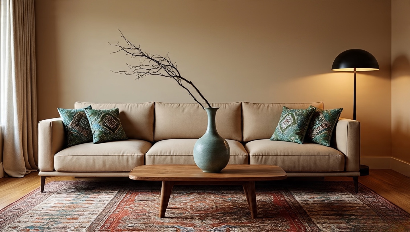 Modern boho mix with clean-lined neutral sofa, vintage rug, patterned pillows, and blackened-steel lamp