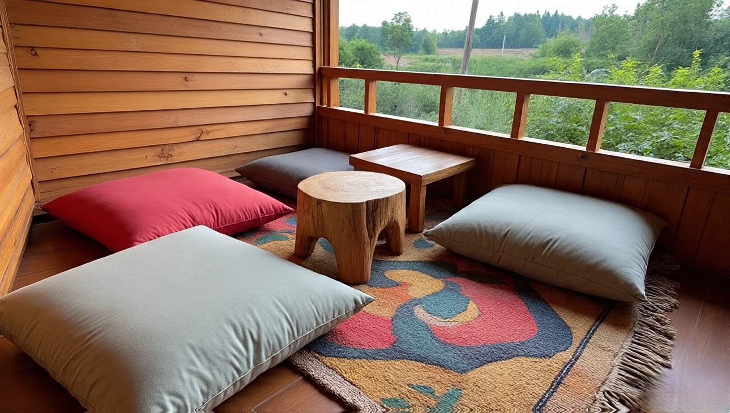 Balcony with layered seating: floor cushions, wooden stool and bench over a rug to encourage movement