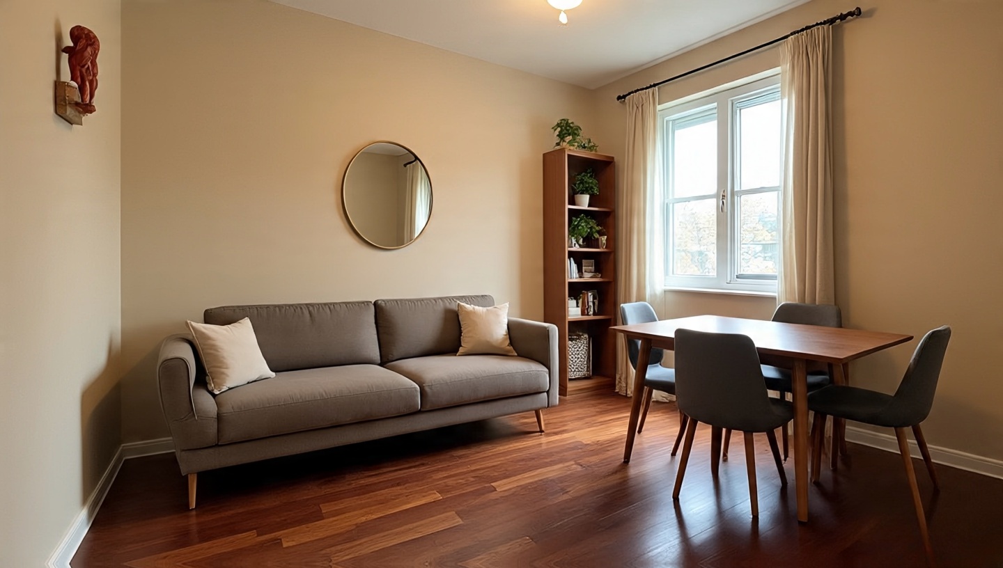 Compact Boho living and dining layout maximizing space with slim-legged furniture and mirrors