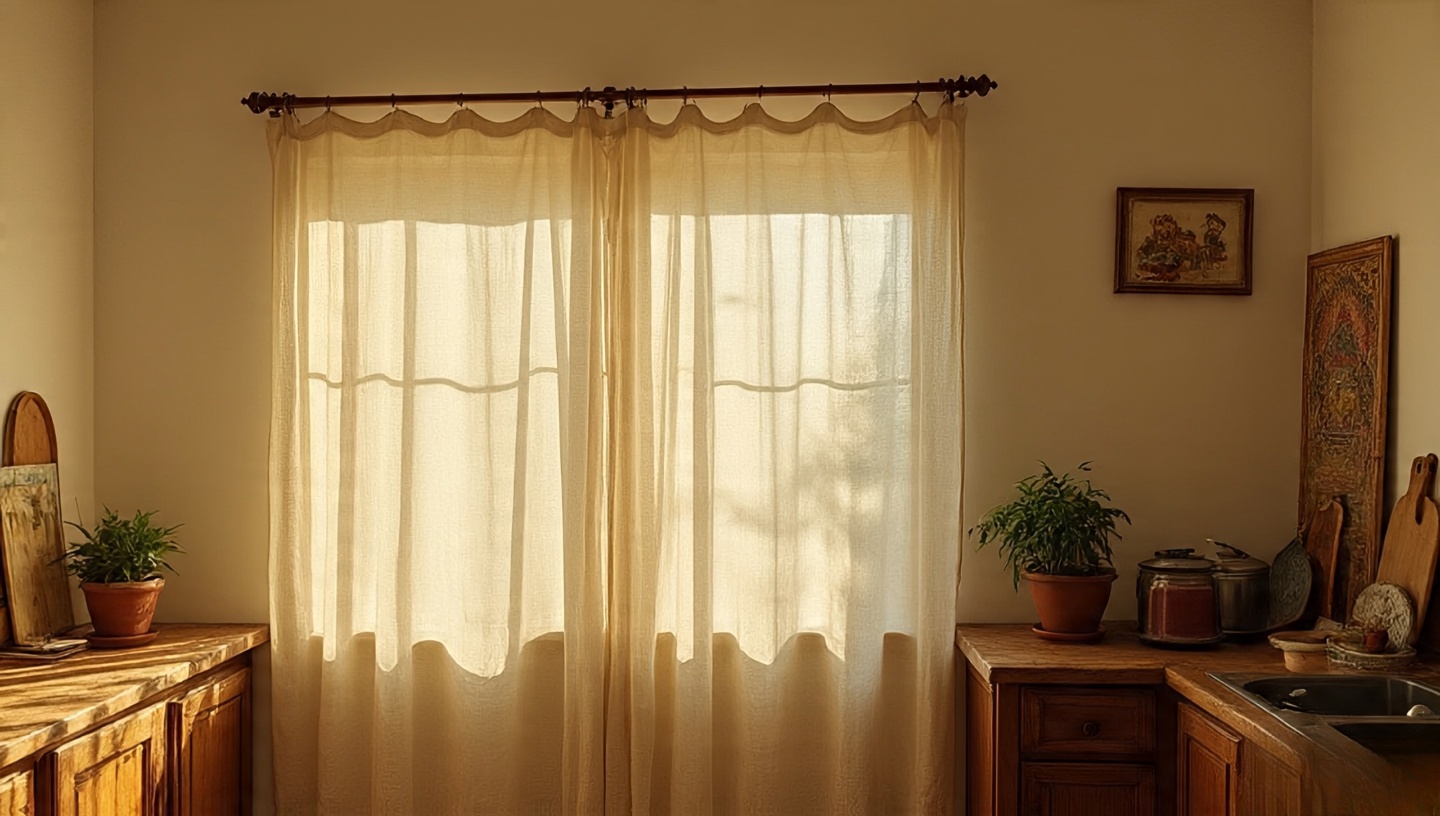Bohemian kitchen with sheer linen curtains and dancing sunlight