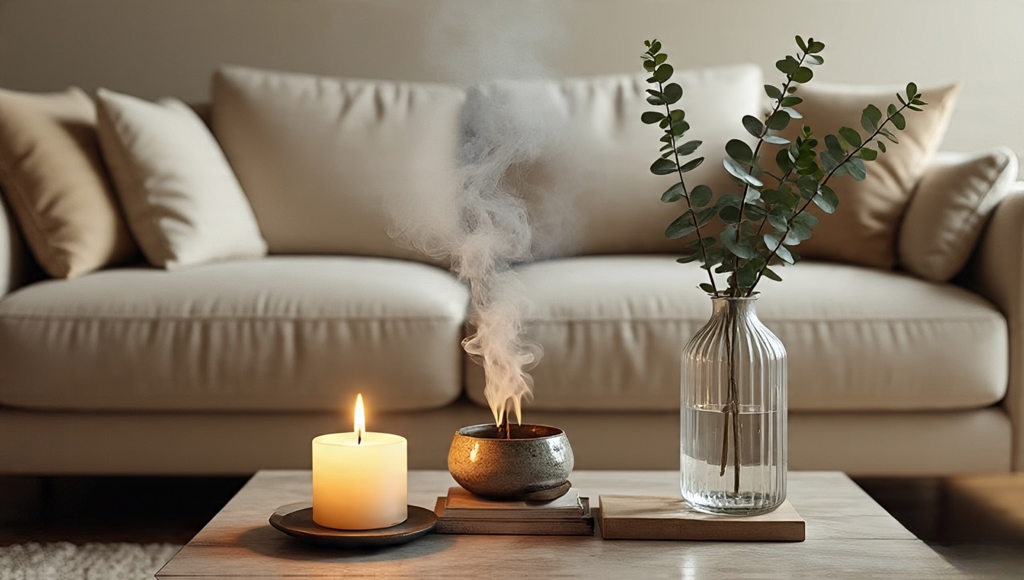 Scent layers near the sofa with a beeswax candle, incense holder and vase of fresh eucalyptus