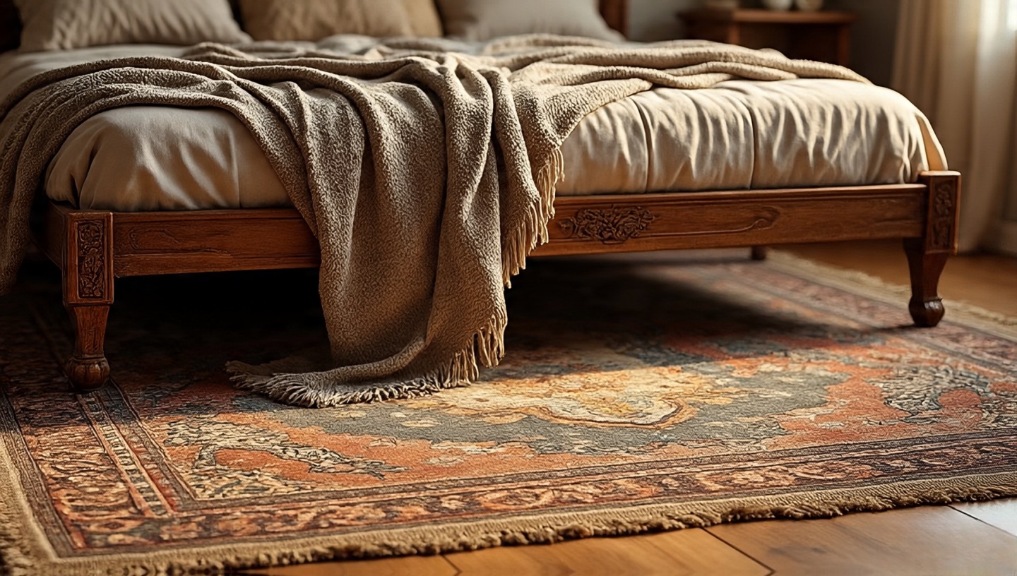 Layered Bohemian rugs: faded Persian over natural jute under a wooden bed for warmth and texture