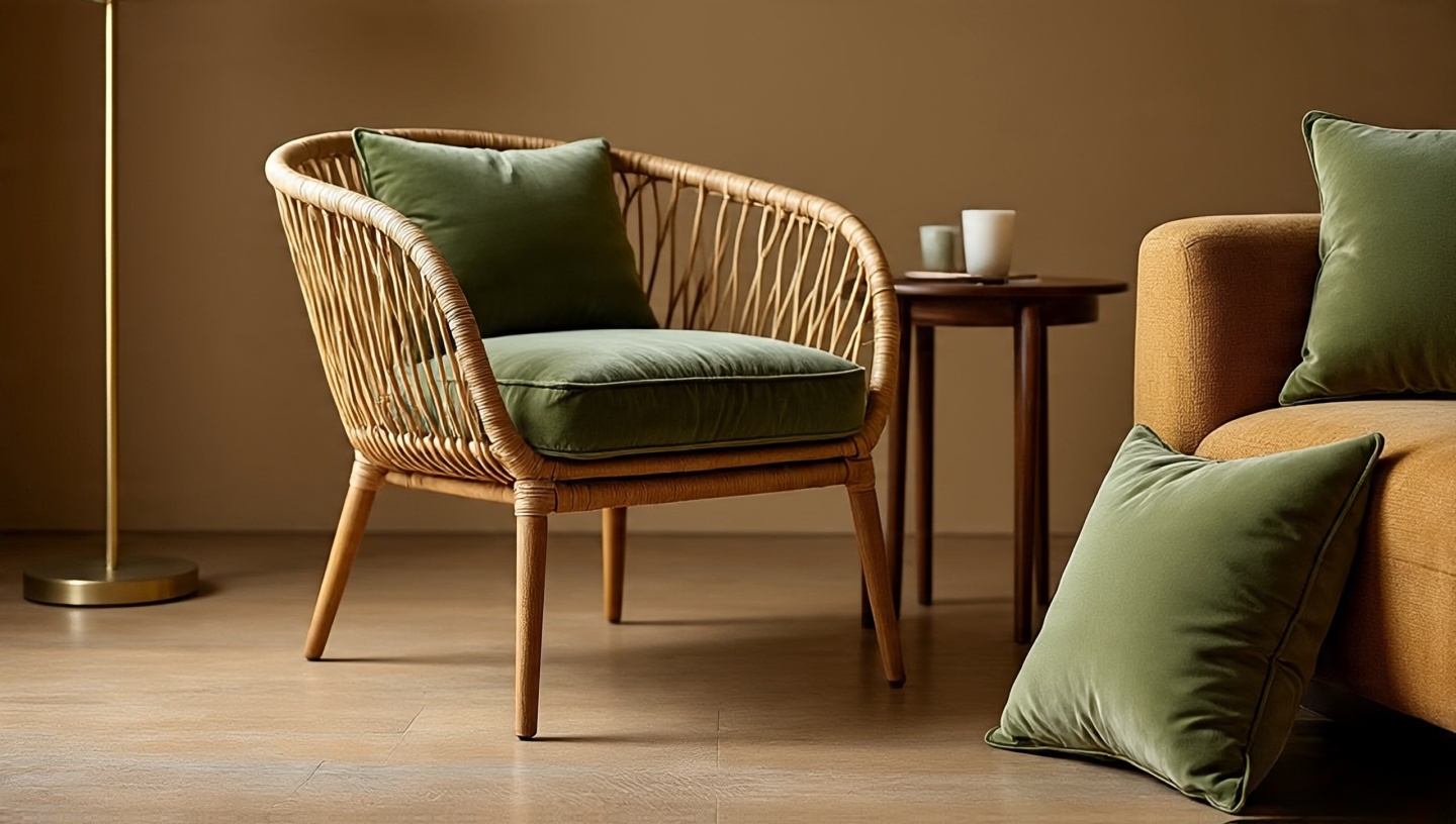 Cane-back furniture paired with a moss velvet cushion creating a tactile Bohemian duet