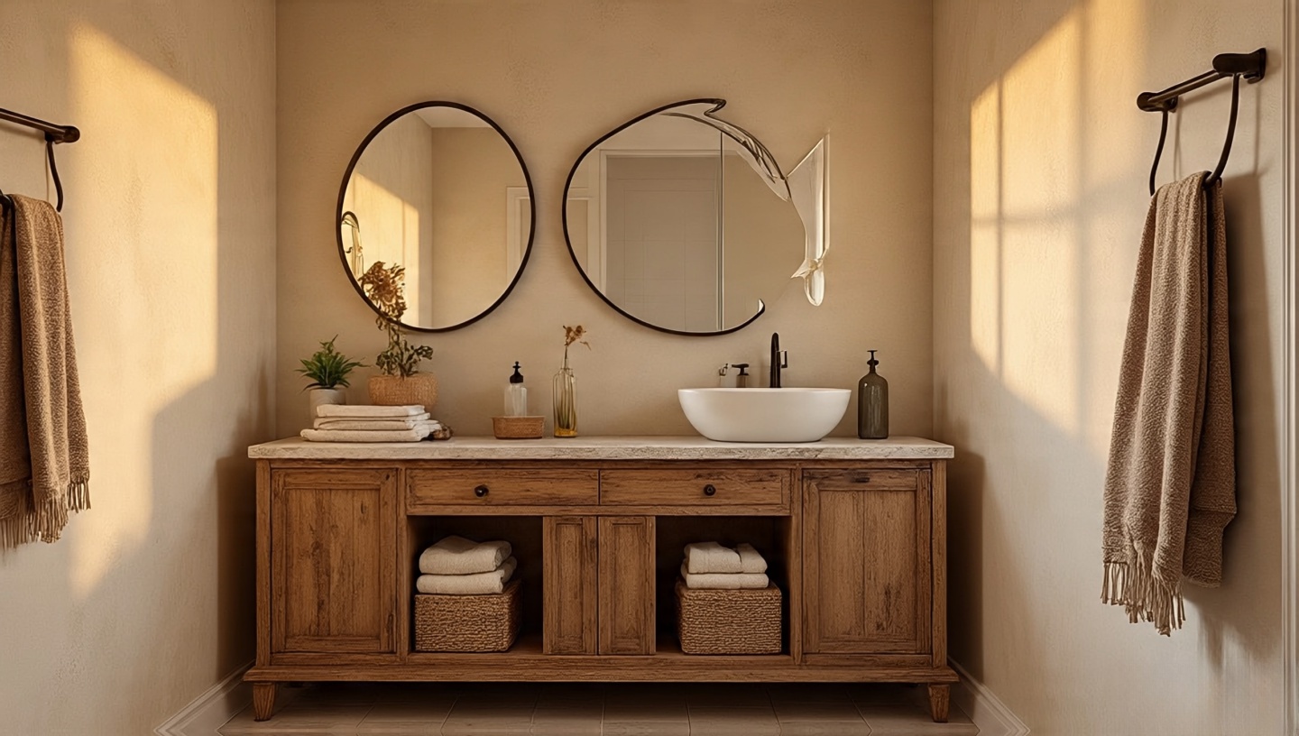 Bathroom with sandy limewash walls and reclaimed wood vanity