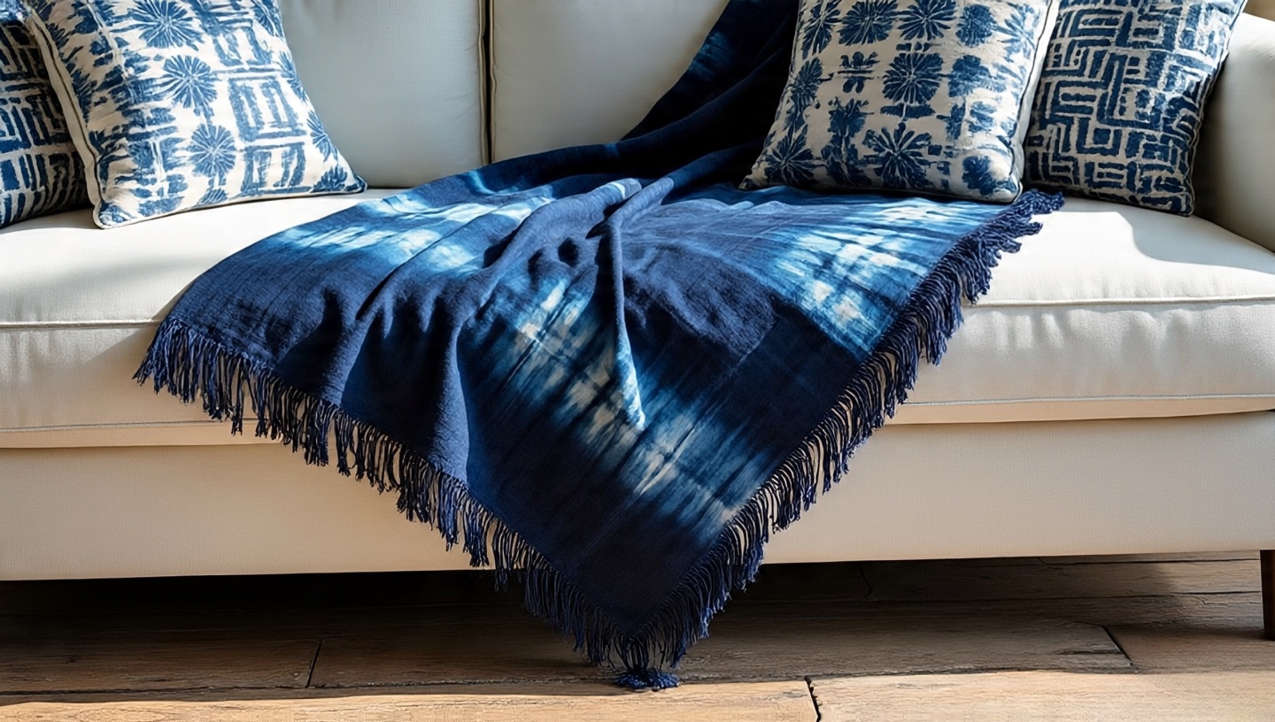 Indigo throw on white sofa with neutral Bohemian decor and rustic wood floor