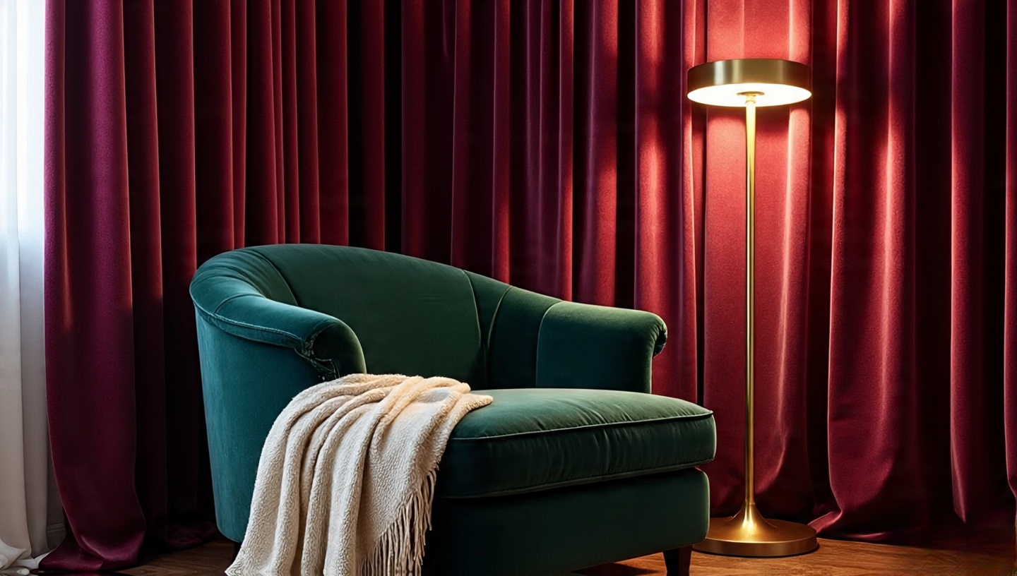 Dramatic jewel-toned living room corner with emerald accents and moody lighting