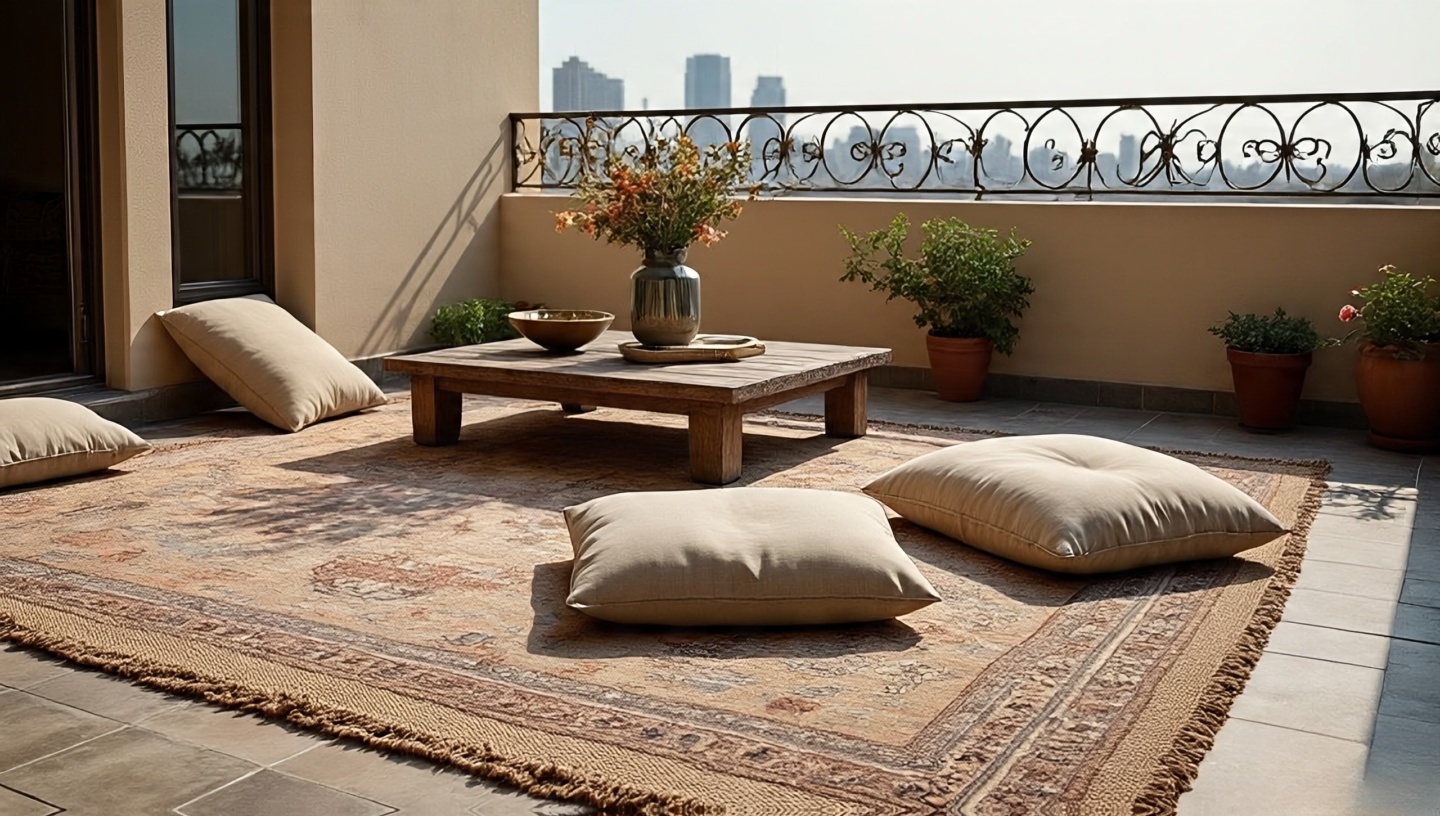City terrace with layered jute base rug and faded Moroccan rug, low rustic table and scattered cushions