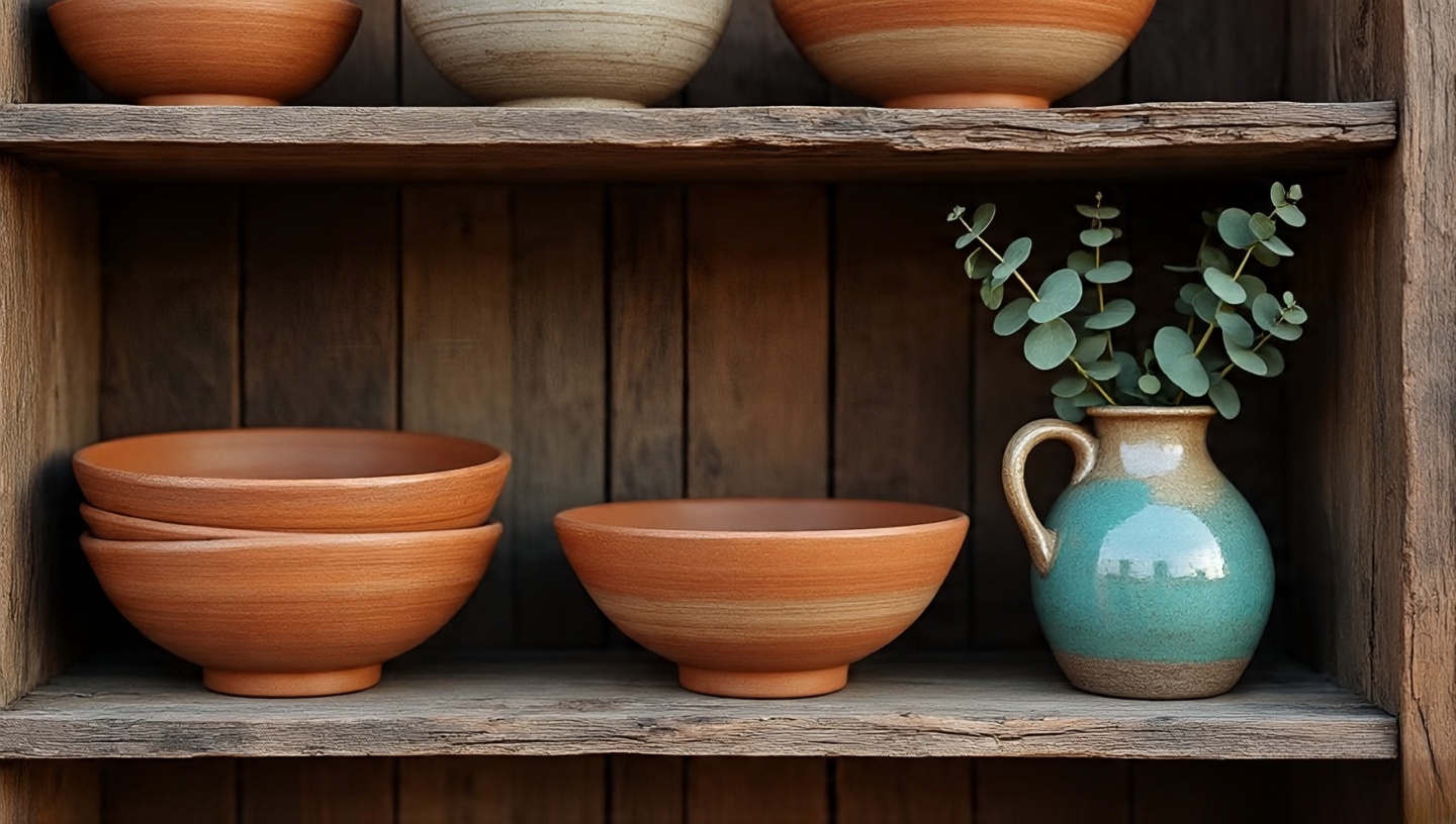 Boho shelf styling with handmade terracotta bowls, rustic jug with eucalyptus, and turquoise accent mug