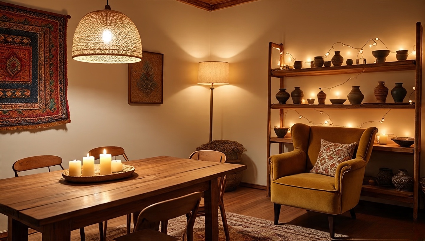 Boho interior with multiple light sources: rattan pendant, brass floor lamp, clustered candles, and fairy lights for depth