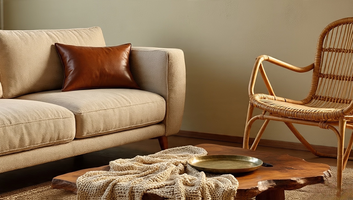 Close-up of layered textures: linen sofa, tooled leather cushion, crocheted throw, rattan chair and hammered brass accent