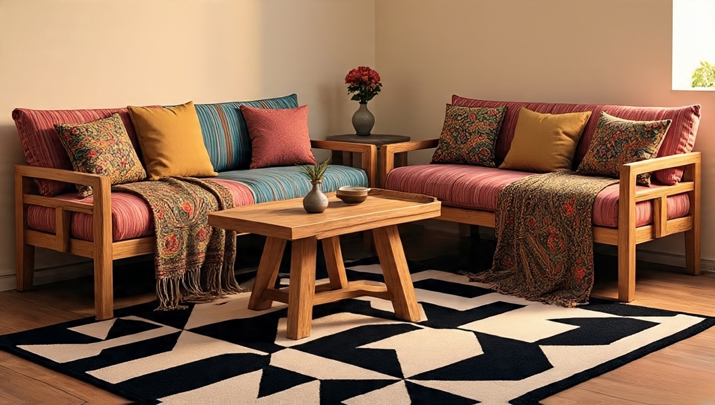 Boho seating area mixing geometric rug, striped cushions, and paisley throws with solid anchors