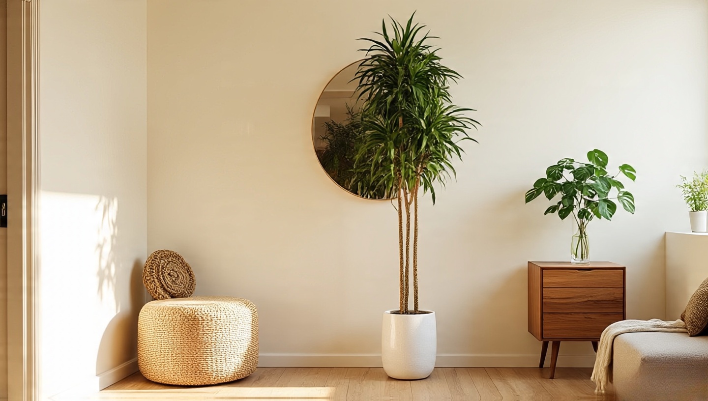 Sunlit Boho corner with one tall plant and open floor area emphasizing negative space