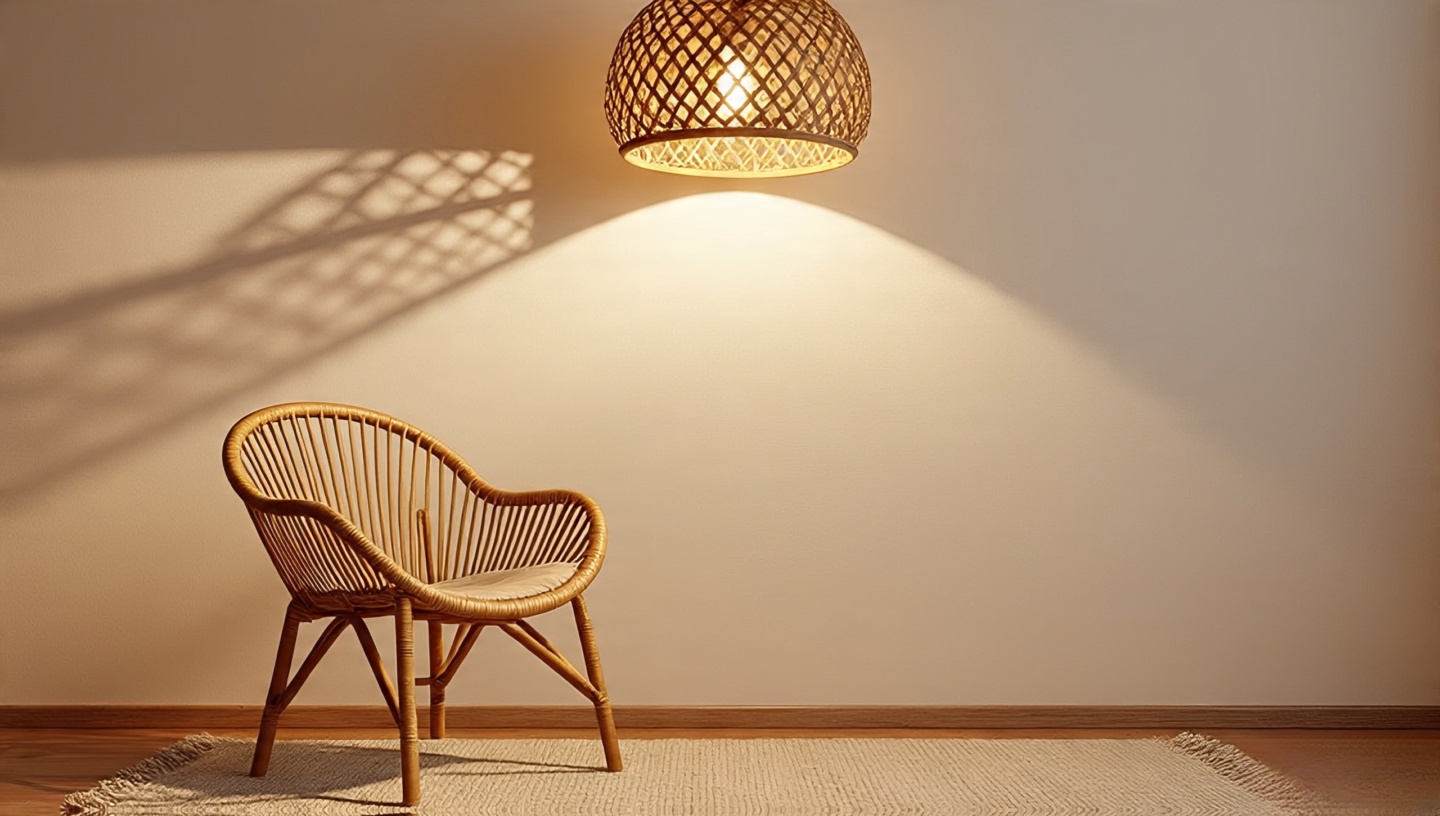 Rattan pendant lamp casting lattice shadows on white plaster wall above a curved rattan chair