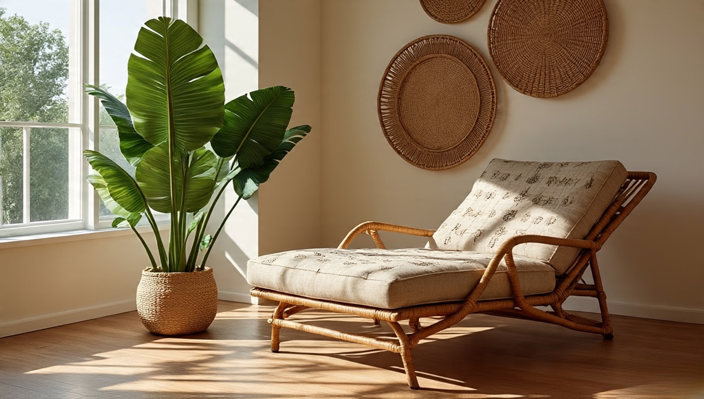 Sunlit rattan lounge chair with woven shadows beside a leafy indoor plant