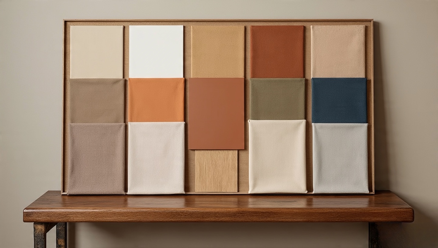 Boho color palette board with warm neutrals, terracotta and ochre accents, oak and ash wood samples, brass details and linen swatches