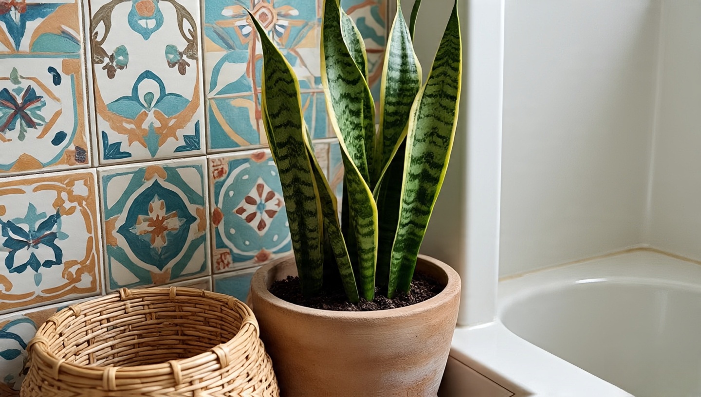 Tall snake plant in unglazed clay pot wrapped with rattan beside geometric Boho tiles for a sculptural look