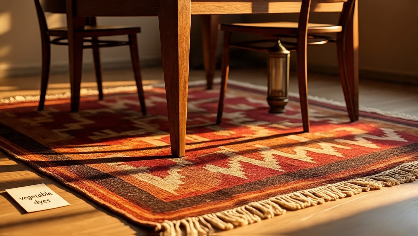 Turkish kilim under dining table with brass lantern, showing zigzag and medallion motifs in rust and saffron
