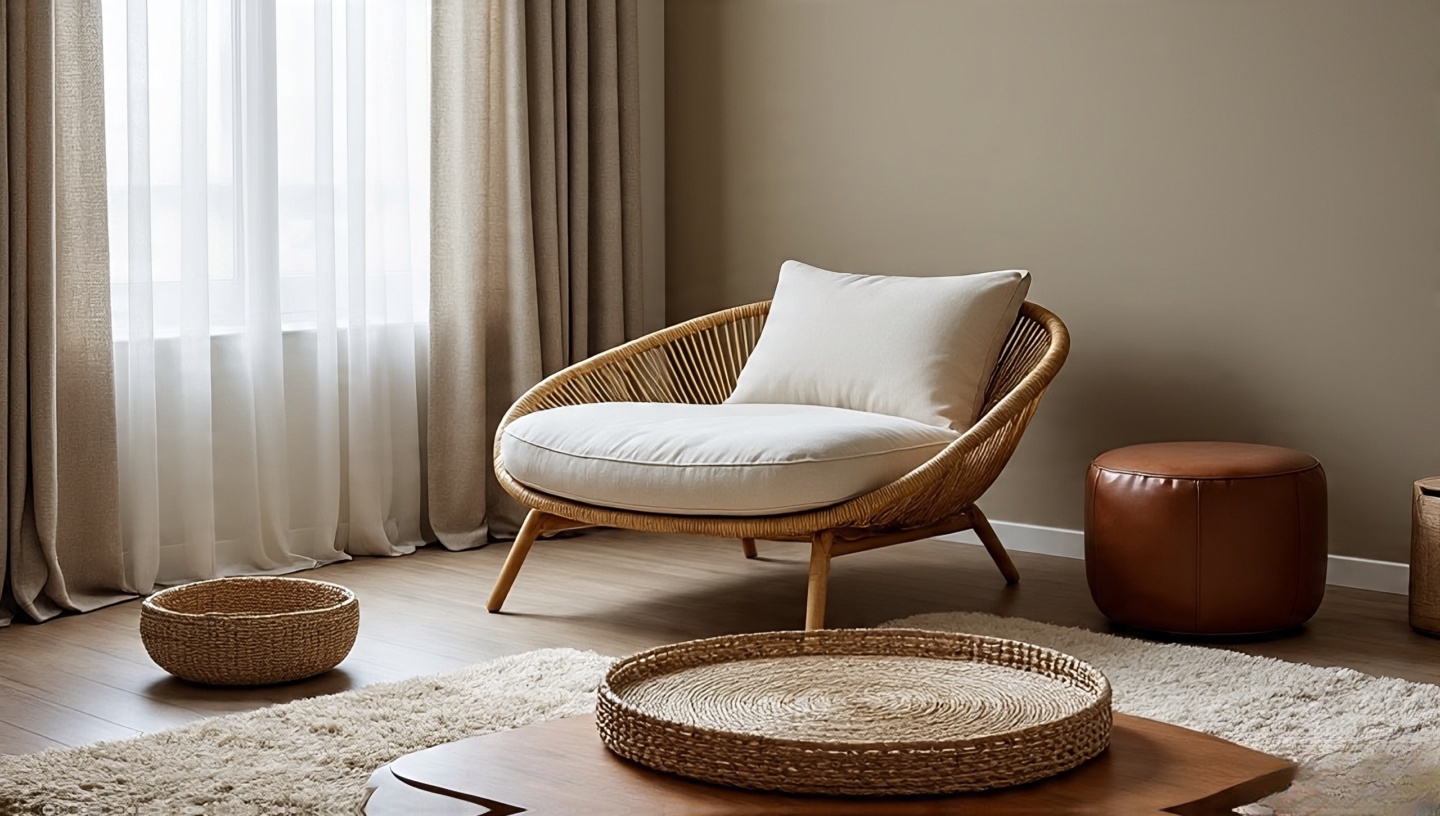 Rattan lounge chair with cushion and lumbar pillow, woven tray and basket accents, paired with a chunky timber coffee table