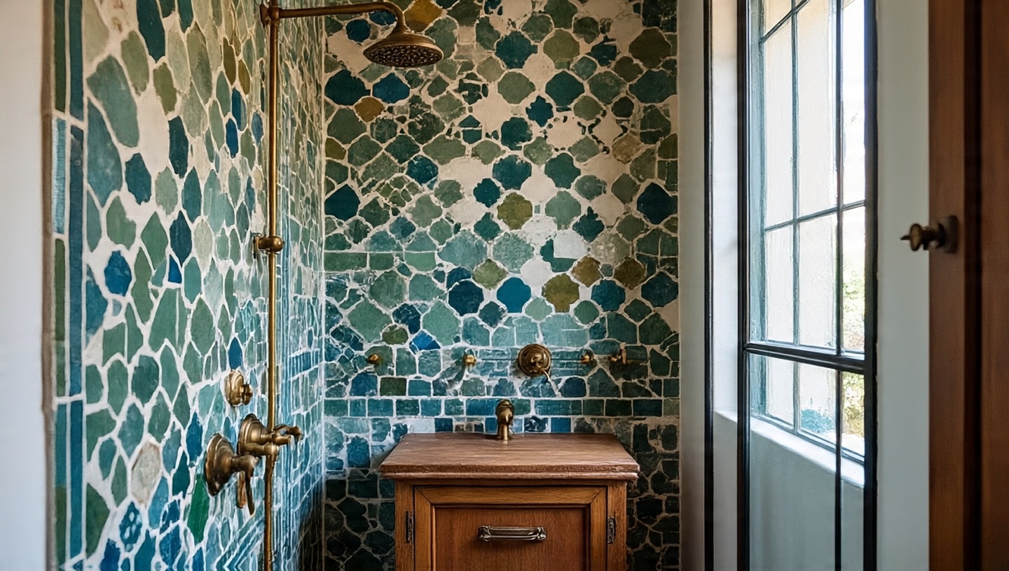 Hand-cut Moroccan zellige tiles with natural shade variation