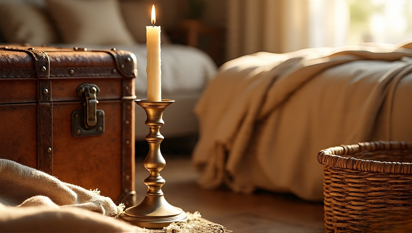 Brass candlestick glinting in sunlight against rustic textures in a Bohemian vignette