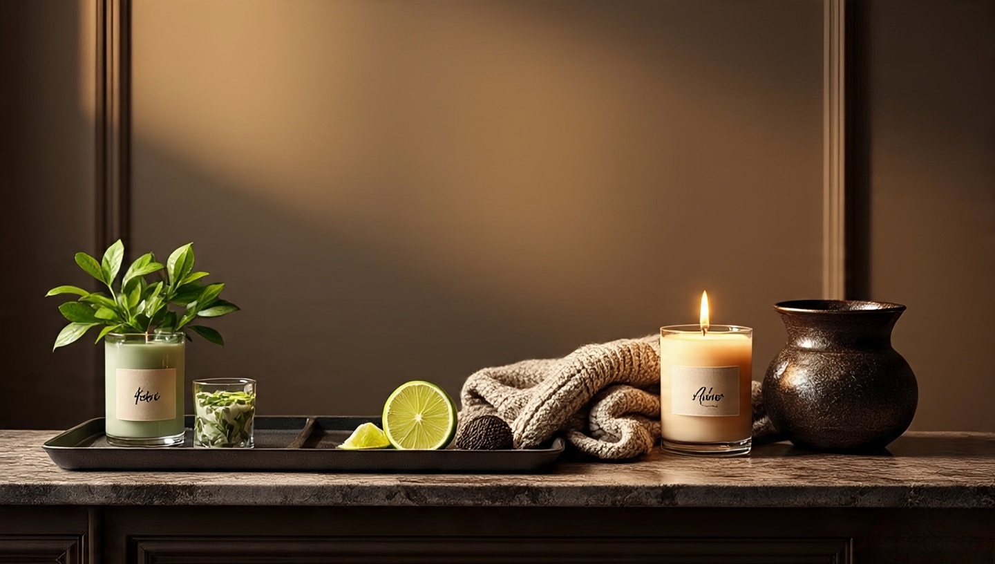 Seasonal scent vignette with fig, citrus-mint, cedar-clove, and amber-vetiver displayed on elegant trays