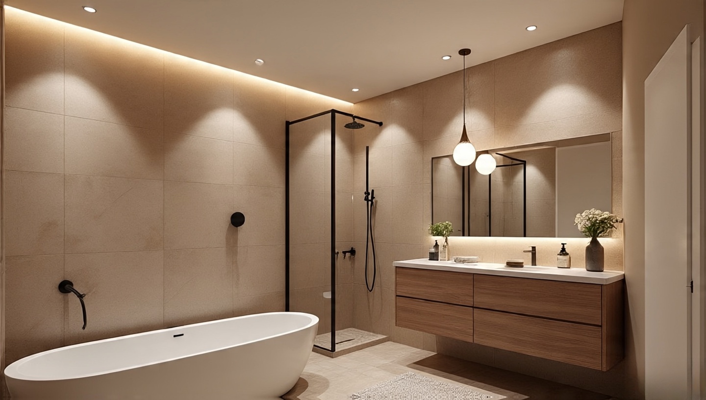 Boho bathroom with wall-washer lighting grazing textured tiles