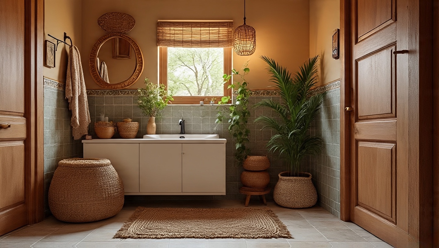 Small Boho bathroom with a woven rug, hanging plants by the mirror, and a Moroccan tile backsplash