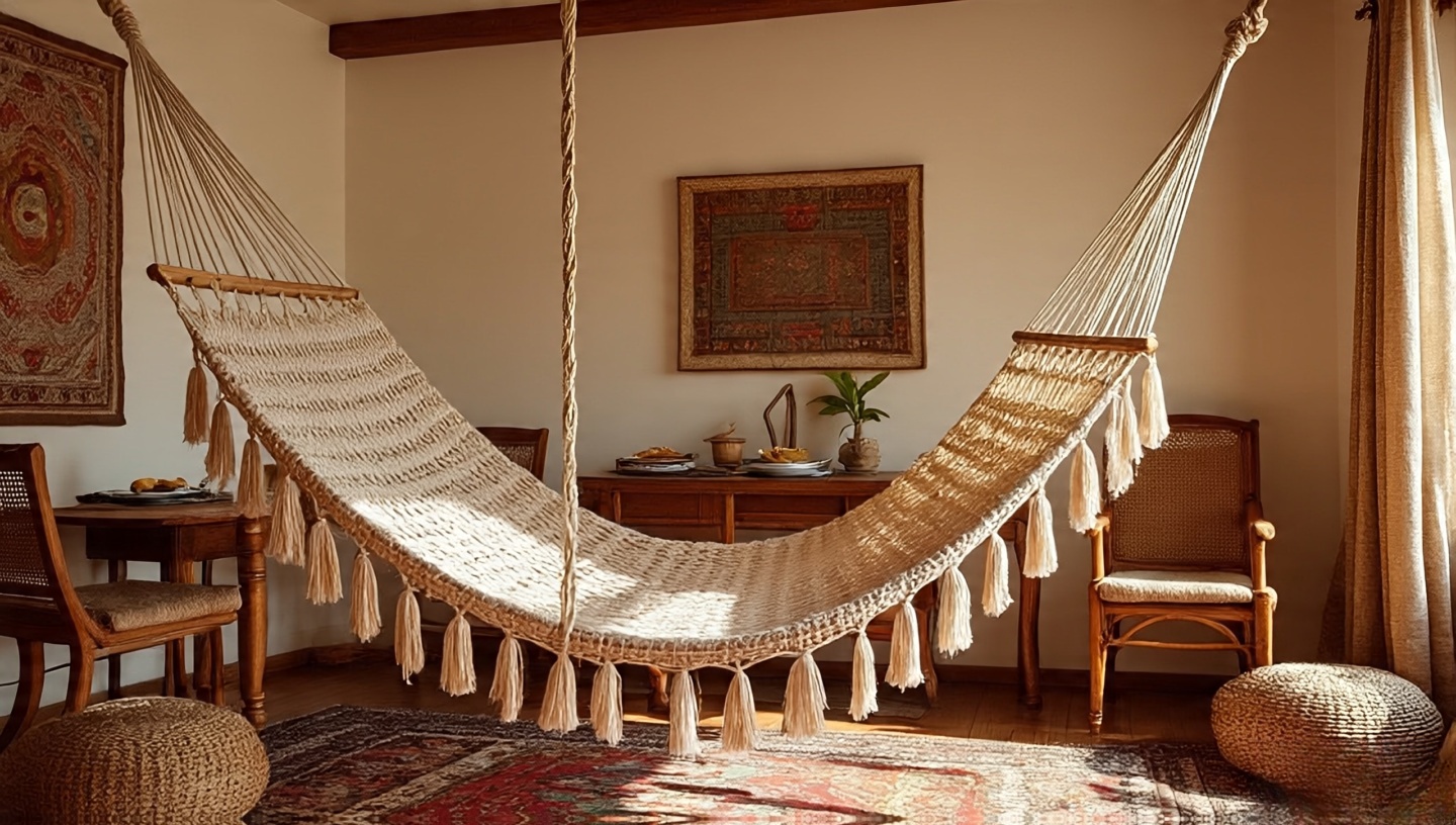 Boho dining area with a hand-woven hammock for relaxed lounging