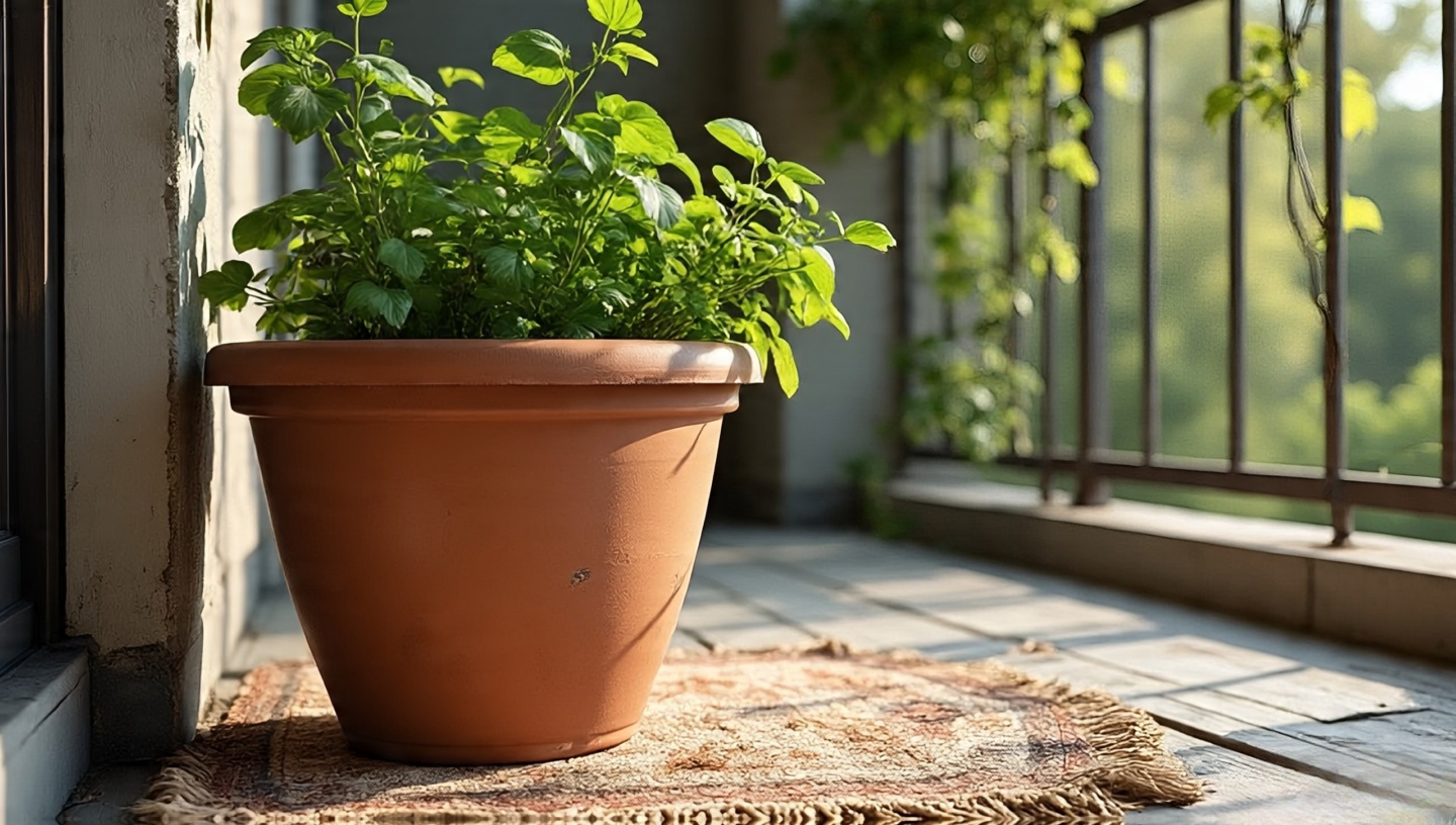 Close-up of chipped terracotta pot, sun-faded rug and off-center plant celebrating Boho patina