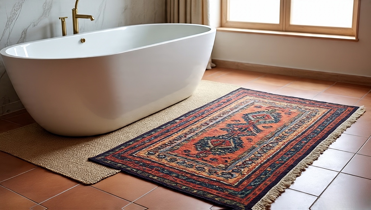 Layered jute rug and patterned kilim on bathroom tile floor