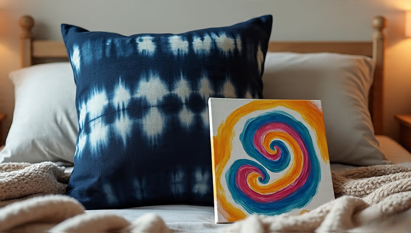 DIY indigo dip-dyed pillow cover and a small painted canvas displayed in a Bohemian room