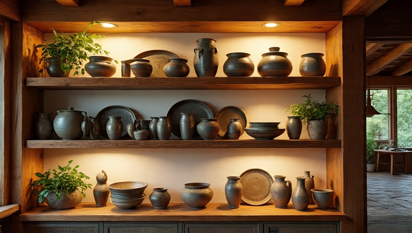 Open wooden shelves displaying handmade pottery and bowls