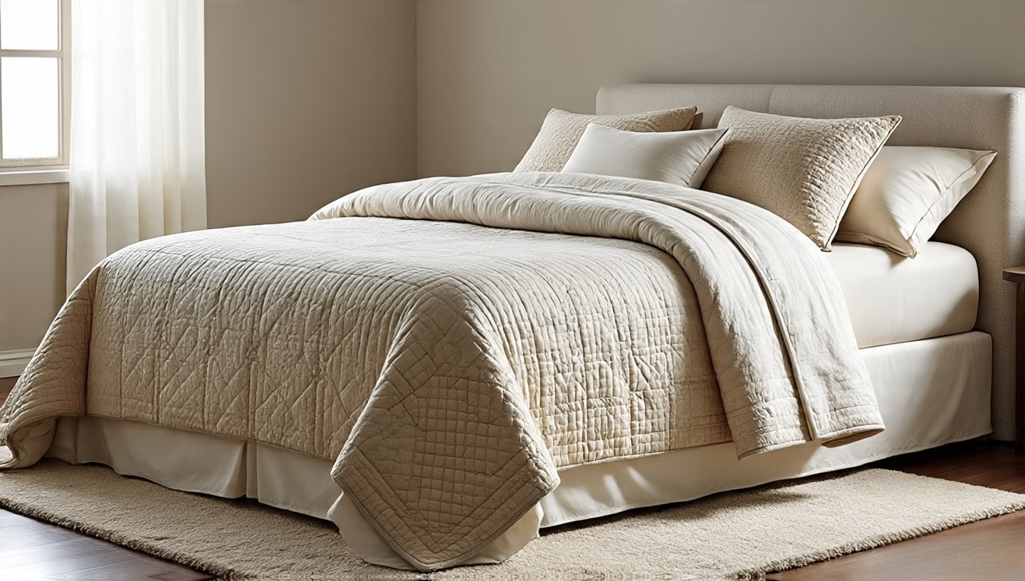 Layered bedding with a quilt base, textured throw, and multiple cushions in coordinated earthy or jewel tones