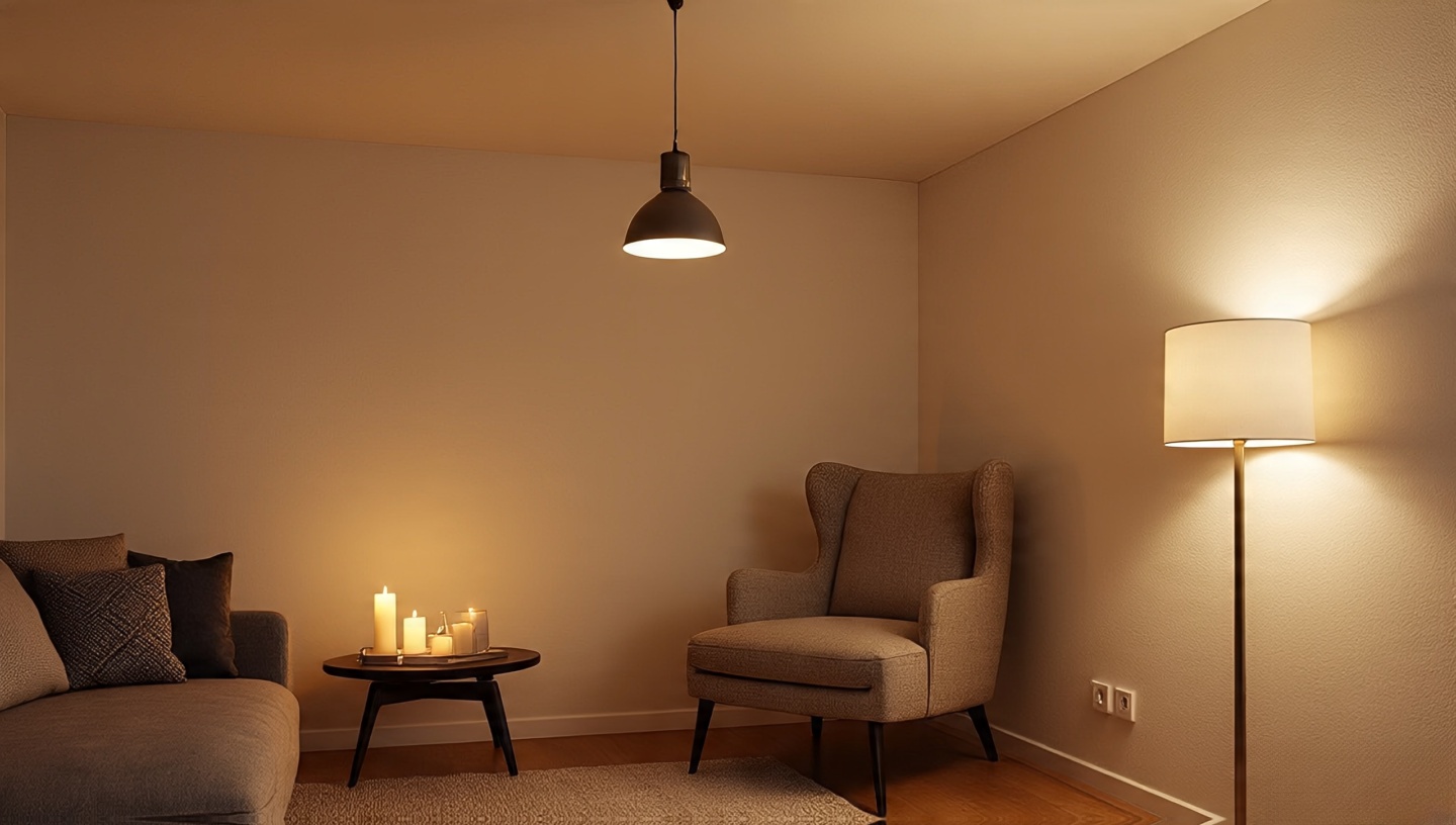 Lighting quick hits showing ambient pendant, task lamp by reading chair, and accent light grazing textured wall