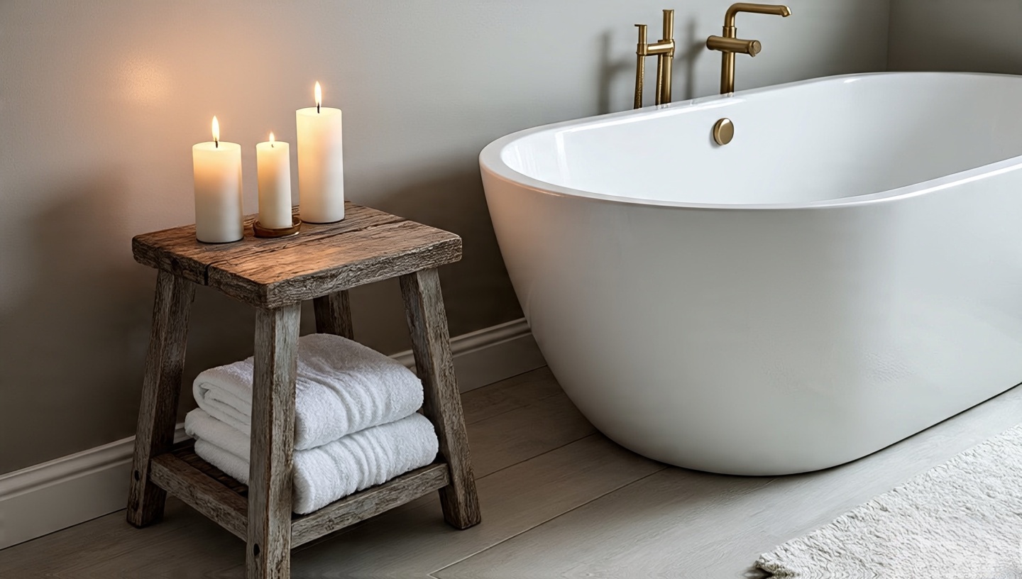 Wooden stool as bath tray and crate shelf with towels