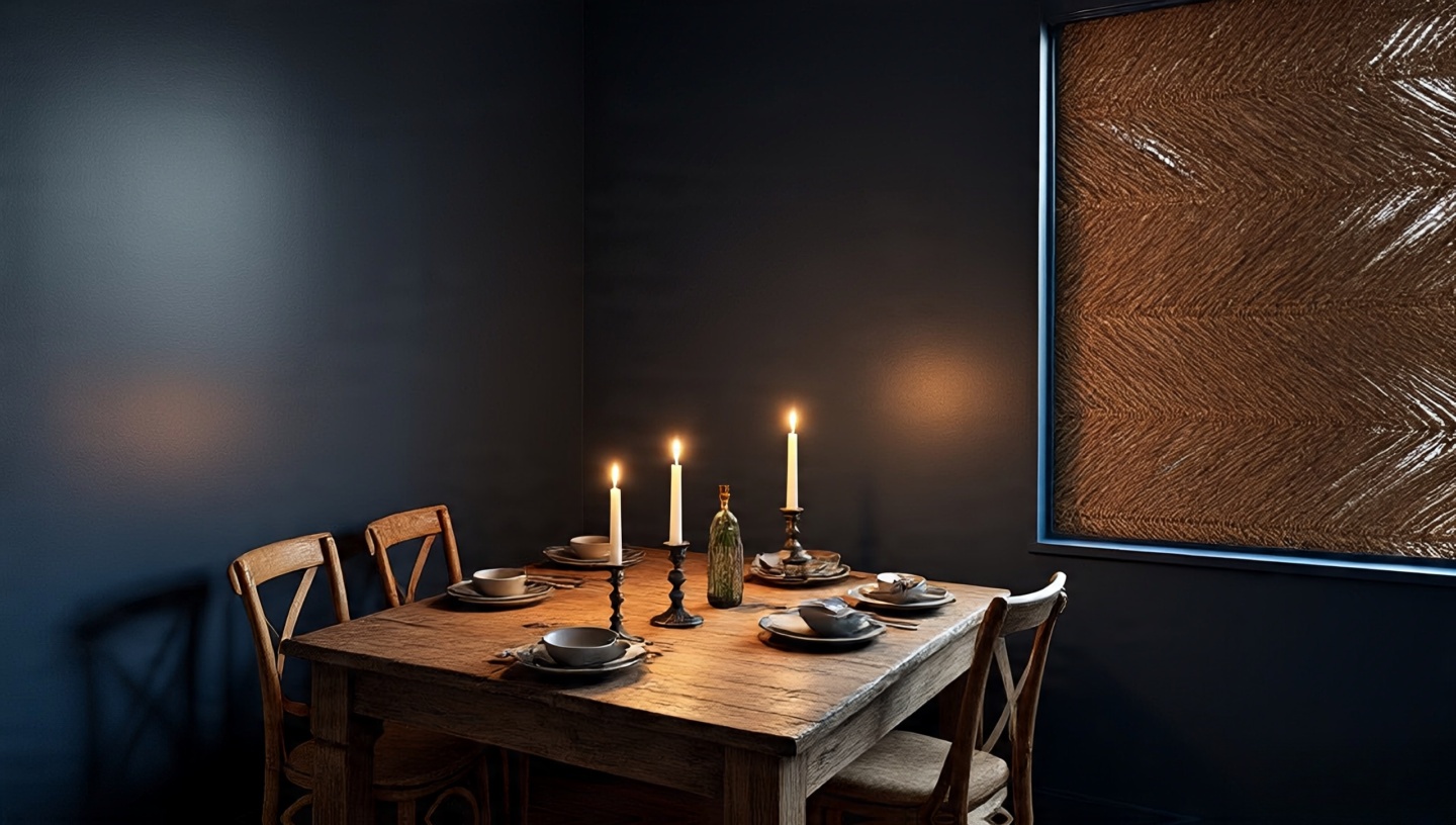 Intimate dining corner painted in deep moody tones with candlelight