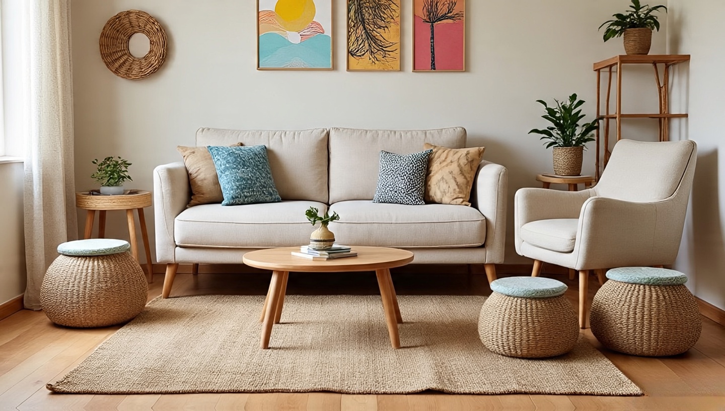 Family-ready Boho living room with rounded corners, washable fabrics, and lidded baskets for storage