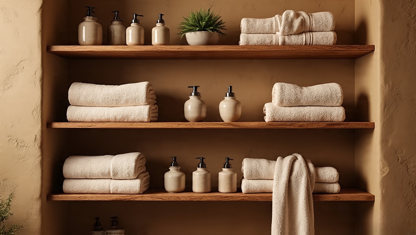 Open wooden bathroom shelves with towels, soaps, and plants