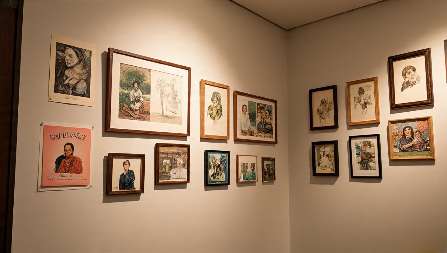 Gallery corner displaying postcards, sketches, and personal photos in mismatched frames for authentic character