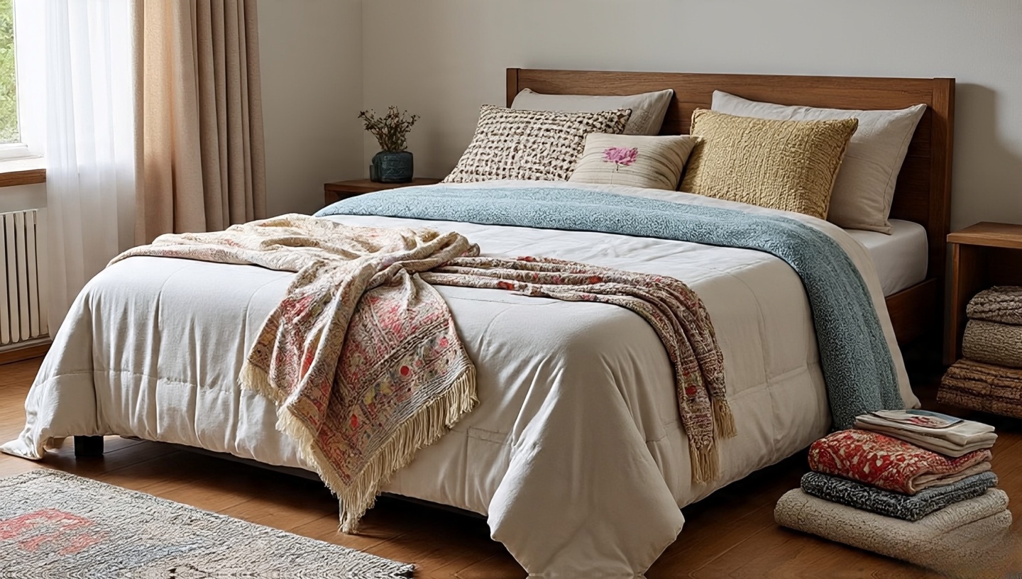 Seasonal Bohemian textiles: airy cottons for summer and folded chunky knits for winter